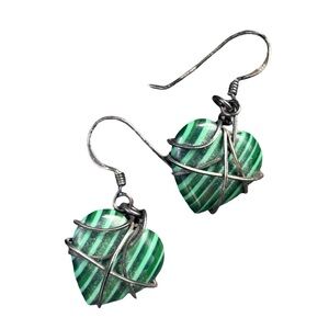 925 Sterling Malachite Green Heart Earrings with Wire Accents Vintage Jewelry